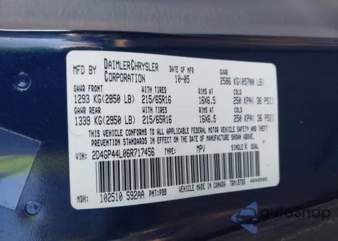 2006 Dodge Grand Caravan Sxt z USA, uszkodzony, nr VIN 2D4GP44L06R717456
